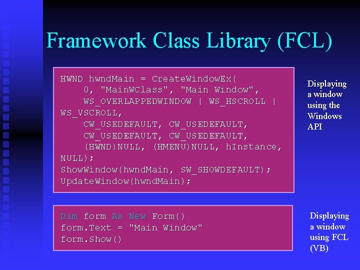 Framework Class Library (FCL) HWND hwnd. Main = Create. Window. Ex( 0, "Main. WClass",