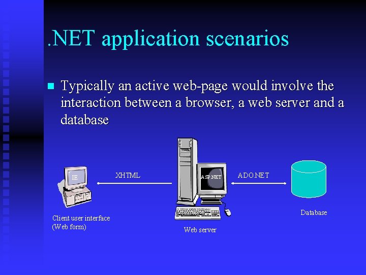 . NET application scenarios n Typically an active web-page would involve the interaction between