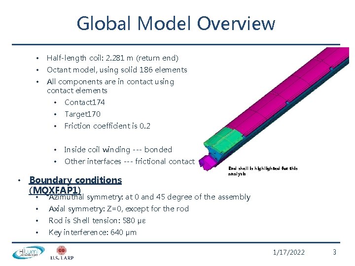 Global Model Overview • Half-length coil: 2. 281 m (return end) • Octant model,