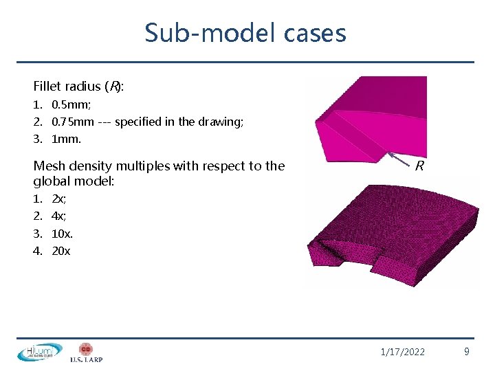 Sub-model cases Fillet radius (R): 1. 0. 5 mm; 2. 0. 75 mm ---