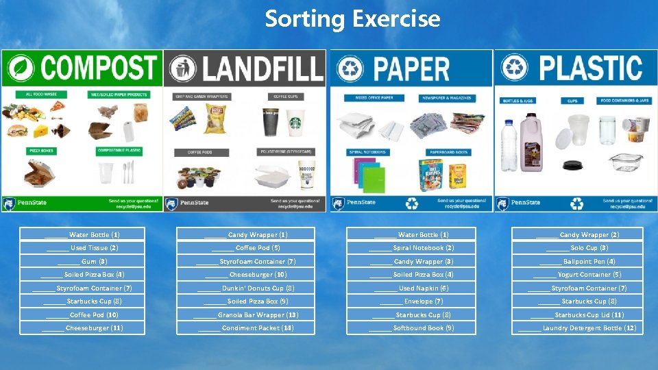 Sorting Exercise ______ Water Bottle (1) ______ Candy Wrapper (1) ______ Water Bottle (1)