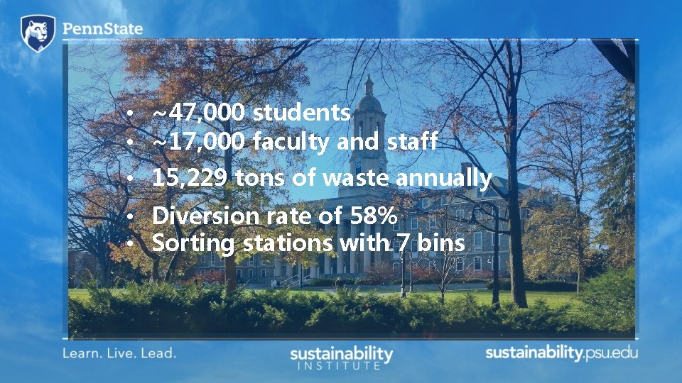  • ~47, 000 students • ~17, 000 faculty and staff • 15, 229