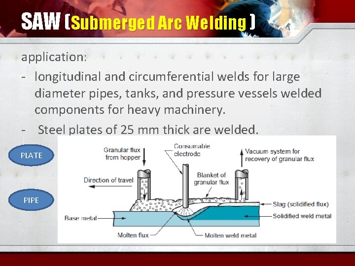 SAW (Submerged Arc Welding ) application: - longitudinal and circumferential welds for large diameter
