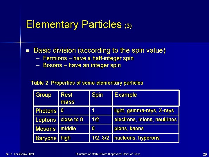 Elementary Particles (3) n Basic division (according to the spin value) – Fermions –
