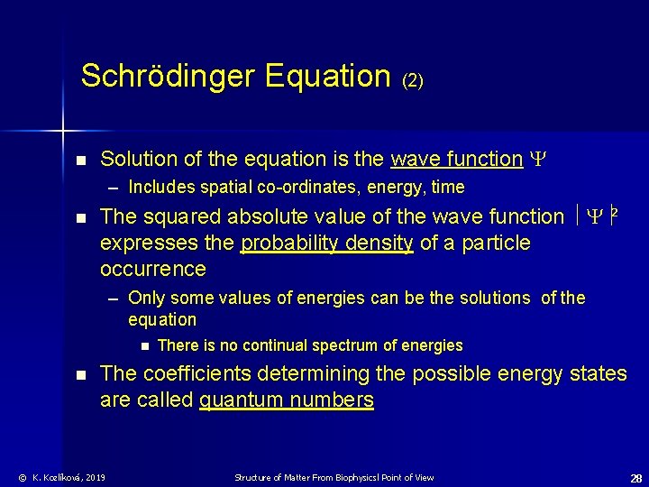 Schrödinger Equation (2) n Solution of the equation is the wave function – Includes