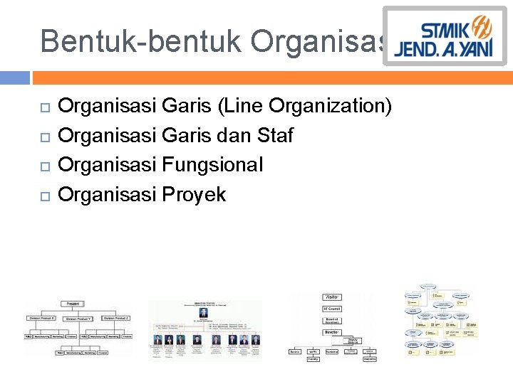 Bentuk-bentuk Organisasi Garis (Line Organization) Organisasi Garis dan Staf Organisasi Fungsional Organisasi Proyek 