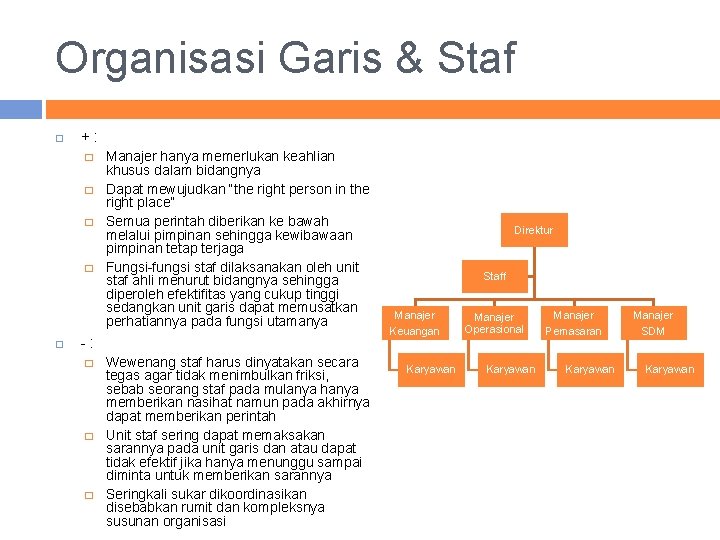 Organisasi Garis & Staf +: � � Manajer hanya memerlukan keahlian khusus dalam bidangnya