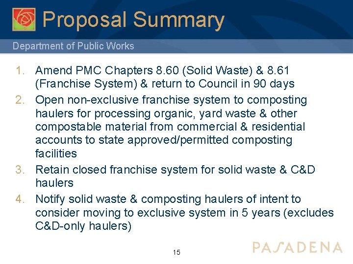 Proposal Summary Department of Public Works 1. Amend PMC Chapters 8. 60 (Solid Waste)