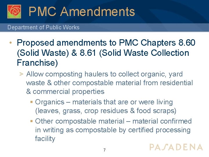 PMC Amendments Department of Public Works • Proposed amendments to PMC Chapters 8. 60