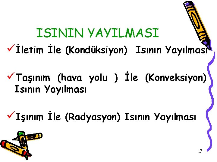 ISININ YAYILMASI üİletim İle (Kondüksiyon) Isının Yayılması üTaşınım (hava yolu ) İle (Konveksiyon) Isının