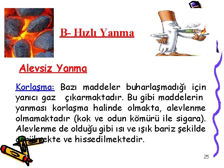 B- Hızlı Yanma Alevsiz Yanma Korlaşma: Bazı maddeler buharlaşmadığı için yanıcı gaz çıkarmaktadır. Bu