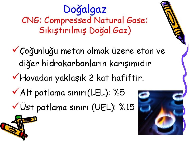 Doğalgaz CNG: Compressed Natural Gase: Sıkıştırılmış Doğal Gaz) üÇoğunluğu metan olmak üzere etan ve