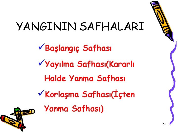 YANGININ SAFHALARI üBaşlangıç Safhası üYayılma Safhası(Kararlı Halde Yanma Safhası üKorlaşma Safhası(İçten Yanma Safhası) 51