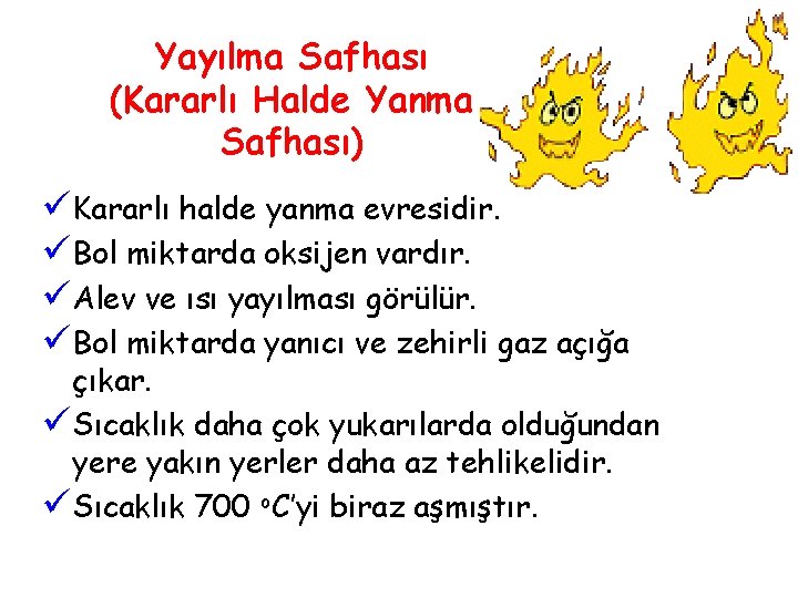 Yayılma Safhası (Kararlı Halde Yanma Safhası) üKararlı halde yanma evresidir. üBol miktarda oksijen vardır.