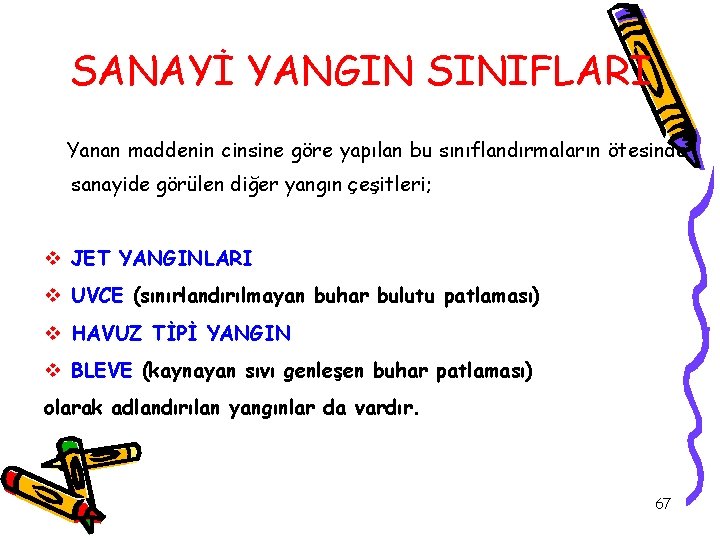 SANAYİ YANGIN SINIFLARI Yanan maddenin cinsine göre yapılan bu sınıflandırmaların ötesinde sanayide görülen diğer