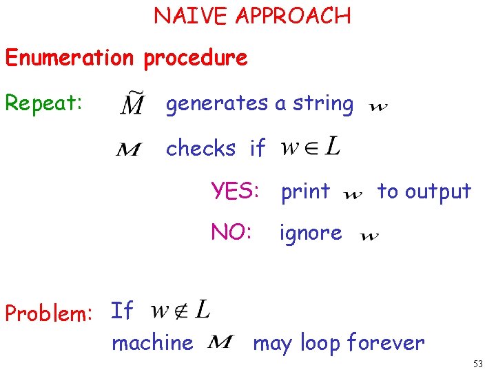 NAIVE APPROACH Enumeration procedure Repeat: generates a string checks if YES: print NO: Problem: