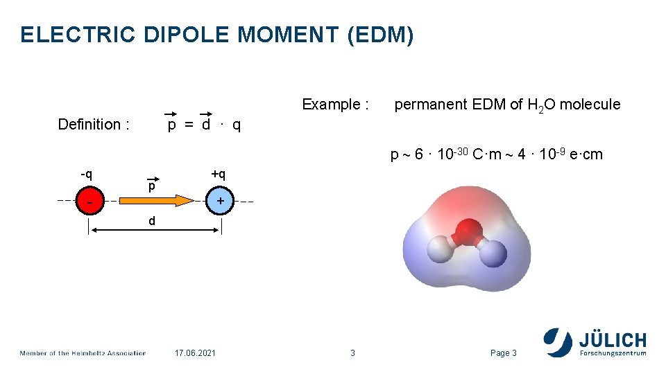 ELECTRIC DIPOLE MOMENT (EDM) Example : Definition : p = d · q permanent