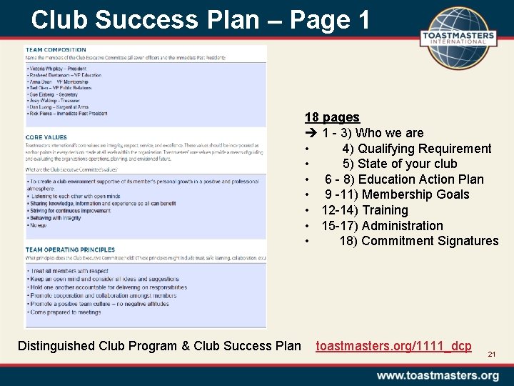 Club Success Plan – Page 1 18 pages 1 - 3) Who we are