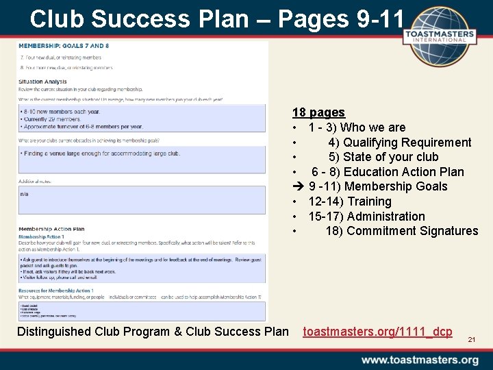 Club Success Plan – Pages 9 -11 18 pages • 1 - 3) Who