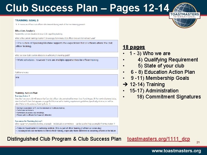 Club Success Plan – Pages 12 -14 18 pages • 1 - 3) Who