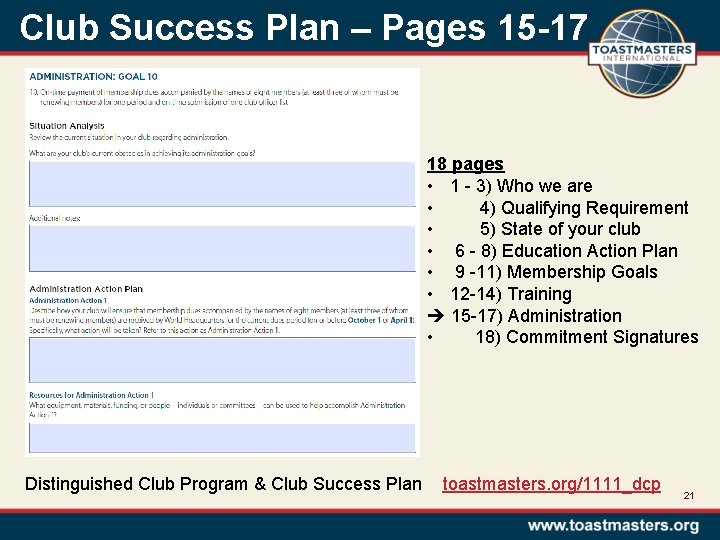 Club Success Plan – Pages 15 -17 18 pages • 1 - 3) Who