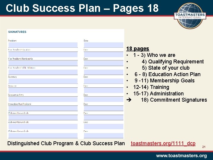 Club Success Plan – Pages 18 18 pages • 1 - 3) Who we