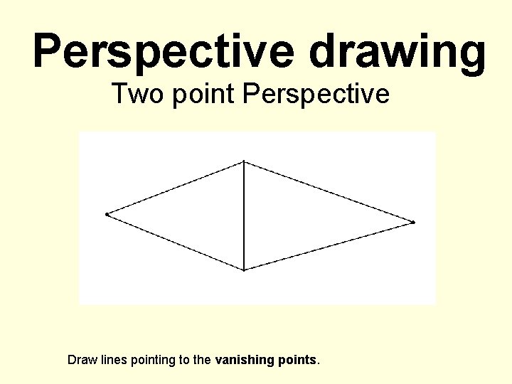 Perspective drawing Two point Perspective Draw lines pointing to the vanishing points. Perspective drawing Two point Perspective Draw lines pointing to the vanishing points.