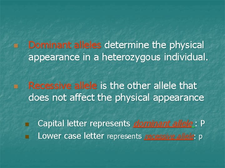 n n Dominant alleles determine the physical appearance in a heterozygous individual. Recessive allele