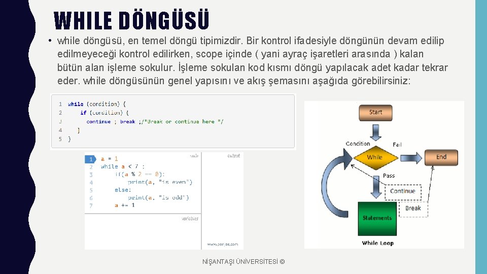 WHILE DÖNGÜSÜ • while döngüsü, en temel döngü tipimizdir. Bir kontrol ifadesiyle döngünün devam