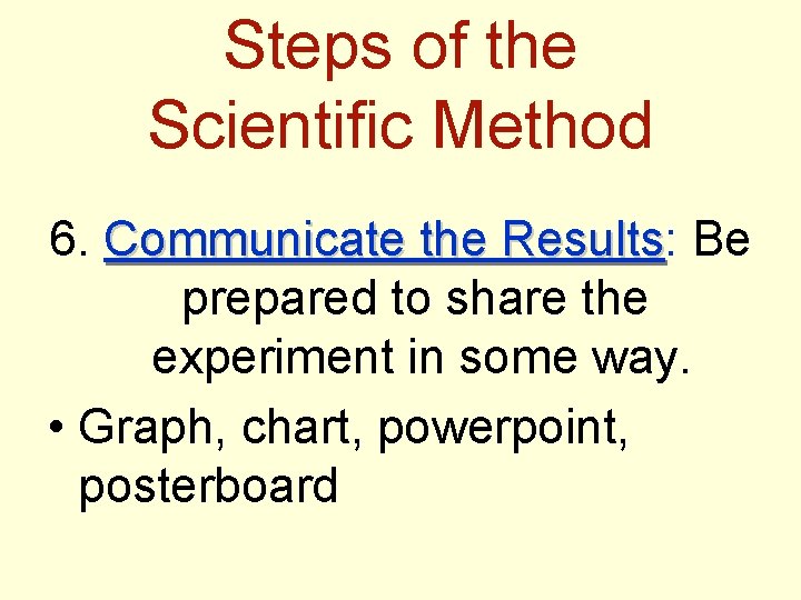 Steps of the Scientific Method 6. Communicate the Results: Results Be prepared to share