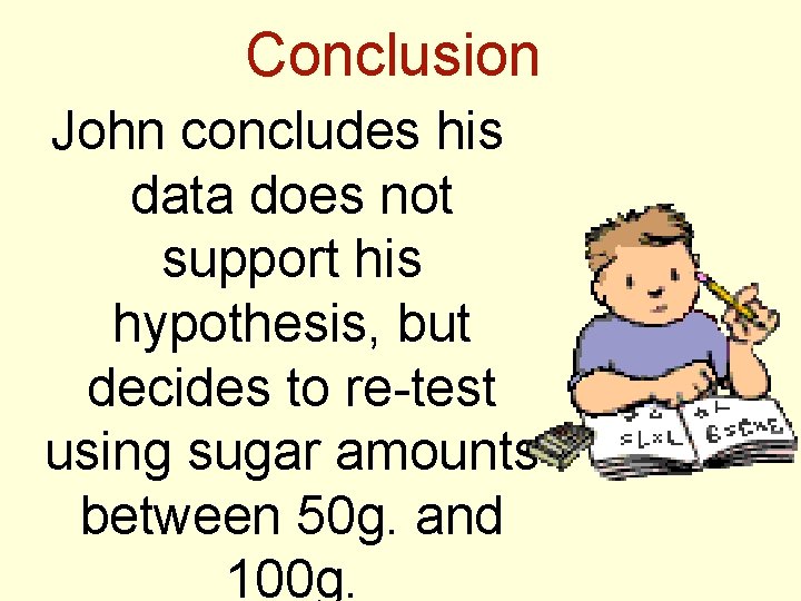 Conclusion John concludes his data does not support his hypothesis, but decides to re-test