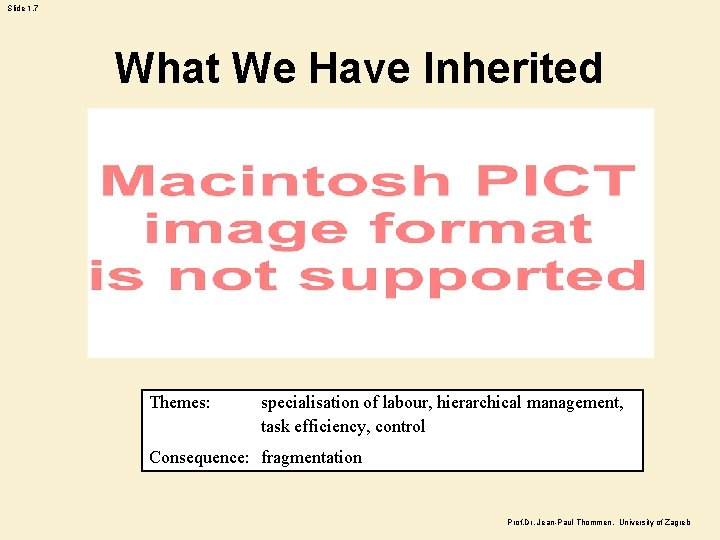 Slide 1. 7 What We Have Inherited Themes: specialisation of labour, hierarchical management, task
