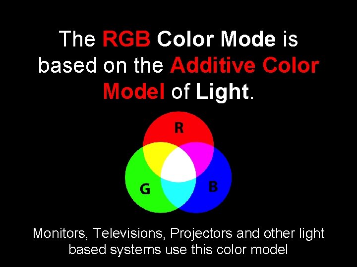 The RGB Color Mode is based on the Additive Color Model of Light. Monitors,