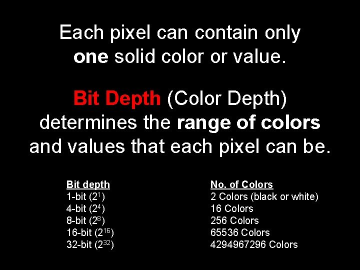 Each pixel can contain only one solid color or value. Bit Depth (Color Depth)