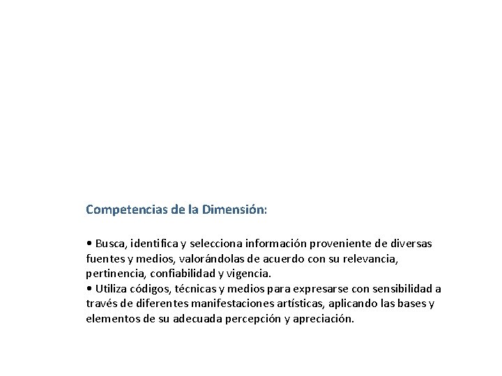 Competencias de la Dimensión: • Busca, identifica y selecciona información proveniente de diversas fuentes