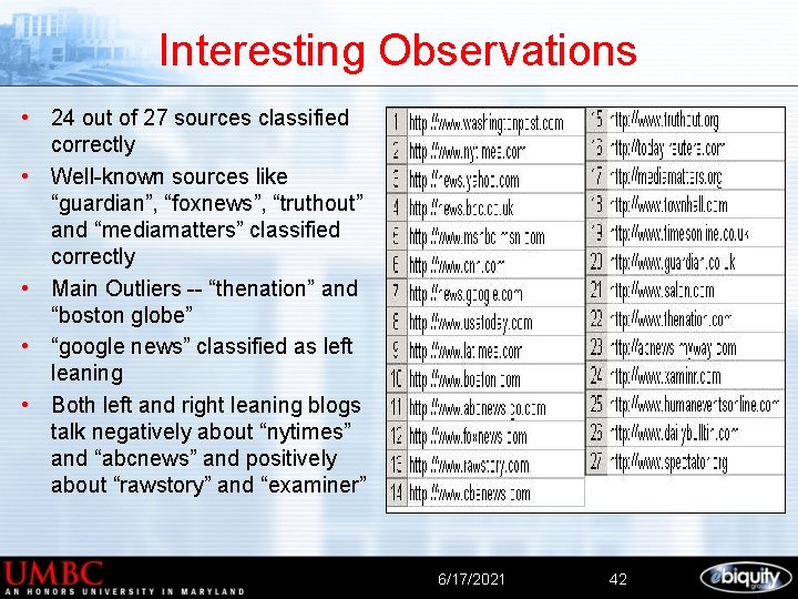 Interesting Observations • 24 out of 27 sources classified correctly • Well-known sources like