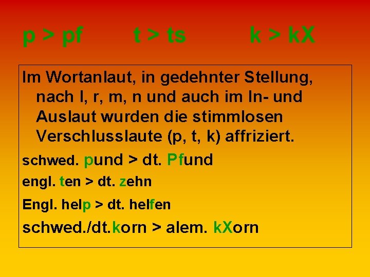 p > pf t > ts k > kΧ Im Wortanlaut, in gedehnter Stellung,