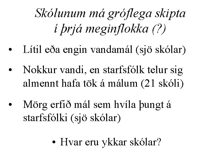 Skólunum má gróflega skipta í þrjá meginflokka (? ) • Lítil eða engin vandamál