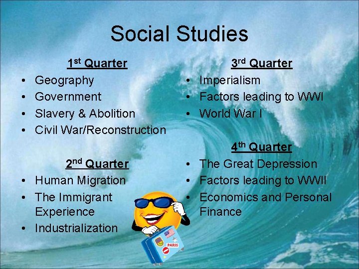 Social Studies • • 1 st Quarter Geography Government Slavery & Abolition Civil War/Reconstruction