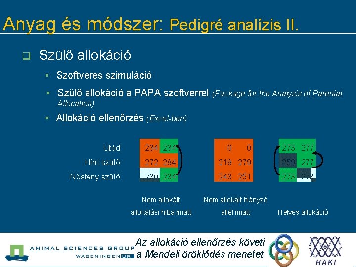 Anyag és módszer: Pedigré analízis II. q Szülő allokáció • Szoftveres szimuláció • Szülő