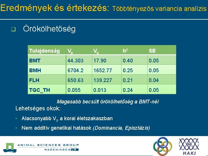 Eredmények és értekezés: Többtényezős variancia analízis q Örökölhetőség Tulajdonság Vp Vg h 2 SE