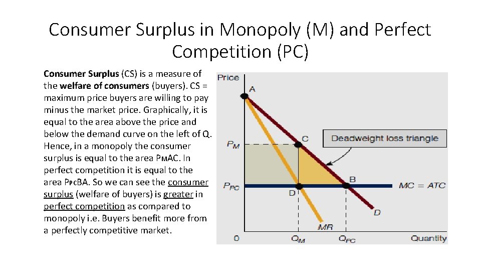 Consumer Surplus in Monopoly (M) and Perfect Competition (PC) Consumer Surplus (CS) is a Consumer Surplus in Monopoly (M) and Perfect Competition (PC) Consumer Surplus (CS) is a