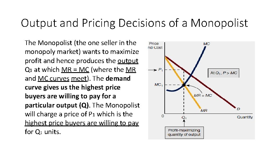 Output and Pricing Decisions of a Monopolist The Monopolist (the one seller in the