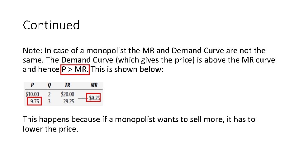 Continued Note: In case of a monopolist the MR and Demand Curve are not