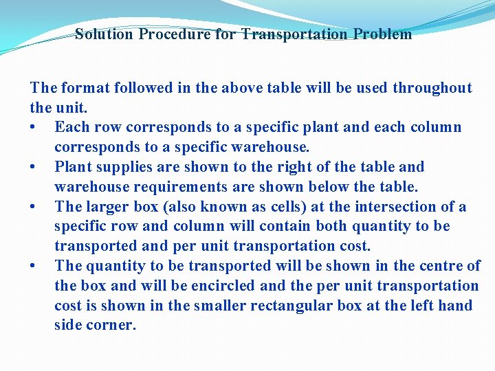 Solution Procedure for Transportation Problem The format followed in the above table will be