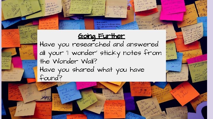 Going Further Have you researched answered all your ‘I wonder’ sticky notes from the