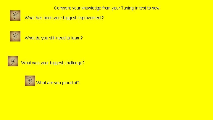 Compare your knowledge from your Tuning In test to now. What has been your