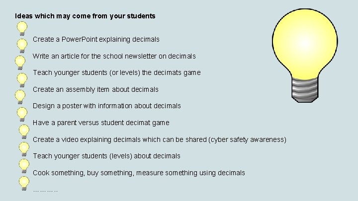 Ideas which may come from your students Create a Power. Point explaining decimals Write