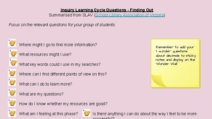 Inquiry Learning Cycle Questions - Finding Out Summarised from SLAV (School Library Association of
