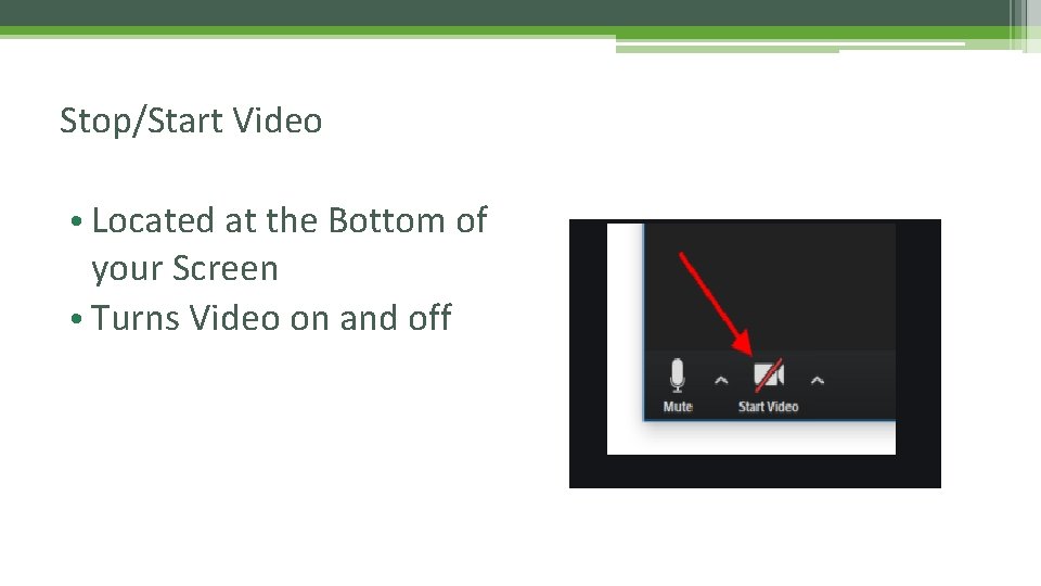 Stop/Start Video • Located at the Bottom of your Screen • Turns Video on